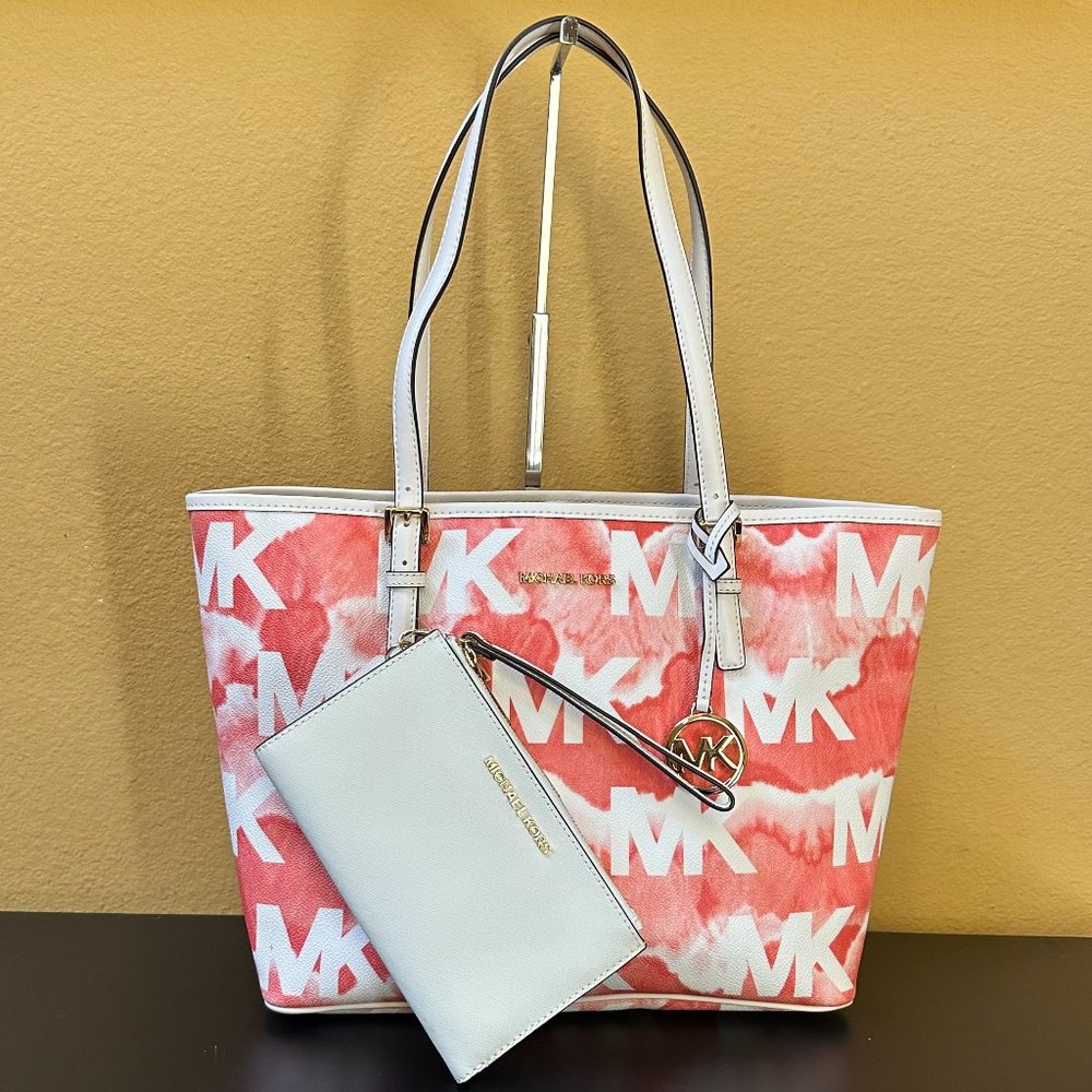 Michael Kors Jet Set Medium Tote Bag + Wallet MK Graphic Logo Grapefruit Multi